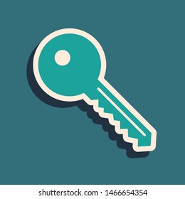 Green Key icon isolated on blue background. Long shadow style. Vector Illustration