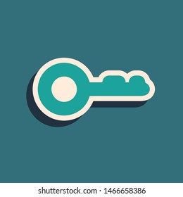 Green Key icon isolated on blue background. Long shadow style. Vector Illustration