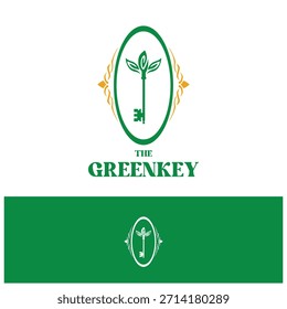 Green Key Logo Design with Leaf and Key Symbol, Eco Nature Sustainability Brand Identity.