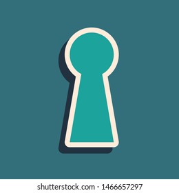 Green Keyhole icon isolated on blue background. Key of success solution. Keyhole express the concept of riddle, secret, safety, security. Long shadow style. Vector Illustration