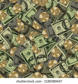 Green khaki camouflage money seamless pattern with lots dollar bills, gold coins. One hundred US dollar banknotes. Vector illustration. Chaotic messy composition.