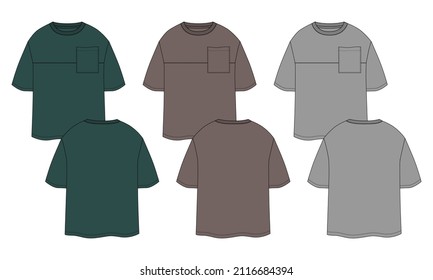 Green, Khaki, Grey Color Short Sleeve With pocket Oversize T shirt Technical Fashion flat sketch Vector Illustration Front and back views Isolated On white Background. Apparel Clothing Design Mock up 