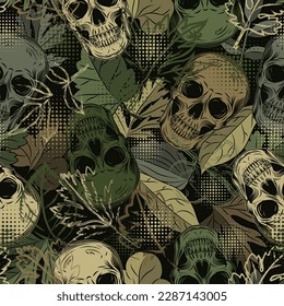 Green khaki grunge camouflage pattern with human skulls, leaves, halftone shapes. Grunge outline of foliage. Random dense composition. Good for apparel, clothing, fabric, textile, sport goods.