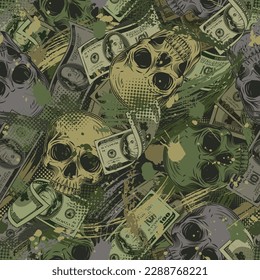 Green khaki grunge camouflage pattern with human skulls, 100 dollar bills, abstract brushstrokes, blots, halftone shapes. Dense composition. Good for apparel, clothing, fabric, textile, sport goods.