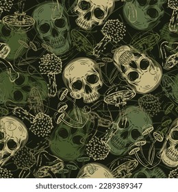 Green khaki grunge camouflage pattern with human skulls, mushrooms. Grunge style of outline of mushrooms. Dark textured background behind. Good for apparel, clothing, fabric, textile, sport goods.