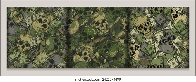 Green khaki grunge camouflage patterns with human skulls, 100 dollar bills, abstract brushstrokes, blots, halftone shapes. Dense composition. Good for apparel, clothing, fabric, textile, sport goods.