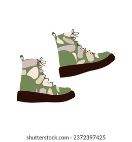 Green khaki hiking boot shoe on white background. Camping equipment. Hiking clipart. Flat vector illustration.