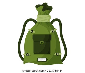 Green khaki military or tourist backpack, duffel bag or luggage with water resistant impregnation with an outer pocket and straps. Vector cartoon isolated illustration.