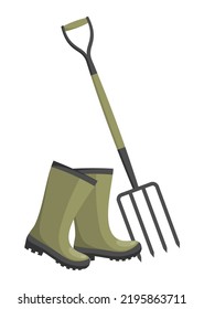 Green khaki rubber boots and a pitchfork on a white background. Flat vector illustration