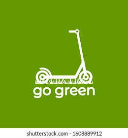 Green kick push scooter or balance bike with grass icon. Flat logo isolated on white. Vector illustration. Eco transport symbol. Healthy journey. Ecology. Go green.  Car free day logo.