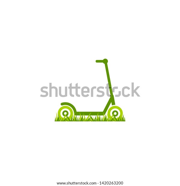 Green kick push scooter or balance bike with grass\
icon. Flat logo isolated on white. Vector illustration. Eco\
transport symbol. Healthy journey. Ecology. Go green.  Car free day\
logo.