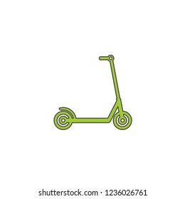 green kick scooter or balance bike icon. Flat e scooter isolated on white. Vector illustration. Eco transport symbol. Healthy journey. Ecology. Go green. Hipster. 