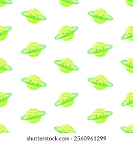 Green kids kawaii planet vector seamless pattern. Galaxy, space, universe. Background, print, fabric