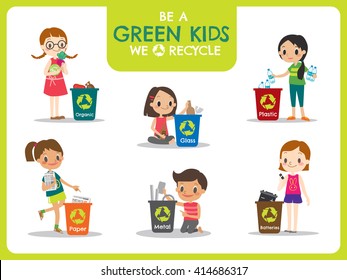 Green Kids Segregating Trash For Dustbin. Waste Management, Recycle Concept Illustration.