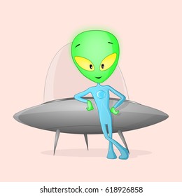 Green kind alien in blue space suit leaning on unidentified flying object drawn in cartoon style