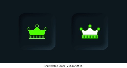 Green King crown icon isolated on black background. Black square button. Vector