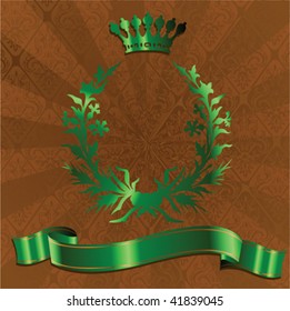 Green King Crown On Brown Ornate Background.