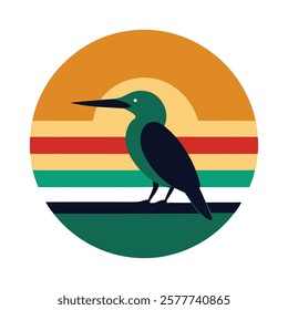 A green kingfisher silhouette on retro stipe