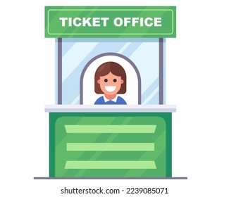 green kiosk selling concert tickets. the cashier sells entrance tickets. flat vector illustration.