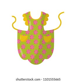 Green kitchen apron with floral pattern and two yellow pockets. 