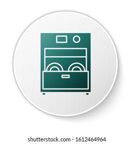 Green Kitchen dishwasher machine icon isolated on white background. White circle button. Vector Illustration