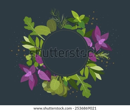 Green kitchen herbs banner template vector flat illustration on dark background. Rosemary, coriander, basil, parsley, arugula, spinach. Graphic elements for cook book design, menu and recipe sheets