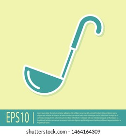 Green Kitchen ladle icon isolated on yellow background. Cooking utensil. Cutlery spoon sign.  Vector Illustration