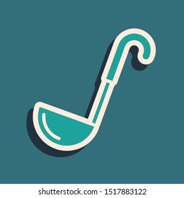 Green Kitchen ladle icon isolated on blue background. Cooking utensil. Cutlery spoon sign. Long shadow style. Vector Illustration