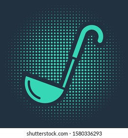 Green Kitchen ladle icon isolated on blue background. Cooking utensil. Cutlery spoon sign. Abstract circle random dots. Vector Illustration