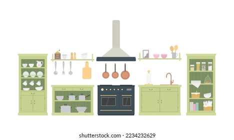 Cocina verde de estilo provenzal con utensilios de cocina. Mobiliario de madera. El concepto de interior rústico. Caricatura de estilo plano. Ilustración del vector