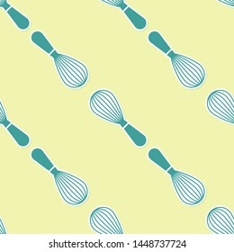 Green Kitchen whisk icon isolated seamless pattern on yellow background. Cooking utensil, egg beater. Cutlery sign. Food mix symbol.  Vector Illustration