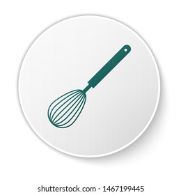 Green Kitchen whisk icon isolated on white background. Cooking utensil, egg beater. Cutlery sign. Food mix symbol. White circle button. Vector Illustration