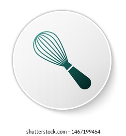 Green Kitchen whisk icon isolated on white background. Cooking utensil, egg beater. Cutlery sign. Food mix symbol. White circle button. Vector Illustration