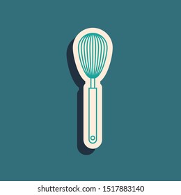 Green Kitchen whisk icon isolated on blue background. Cooking utensil, egg beater. Cutlery sign. Food mix symbol. Long shadow style. Vector Illustration