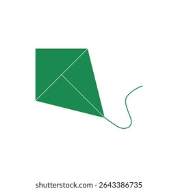 A green kite with white lines and a curved tail.