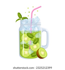 Green kiwi cocktail in glass mason jar with handle. Refreshing kiwifruit smoothies. Summer tropical drink isolated on a white background. Template design element. Clip art. Vector illustration