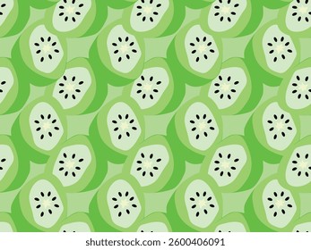 Green Kiwi exotic, tropical fruit slices. Seamless vector pattern. 