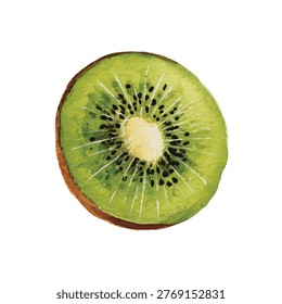Green kiwi fruit cut in half showing seeds
