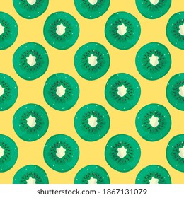 Green kiwi fruit,seamless pattern on yellow background.