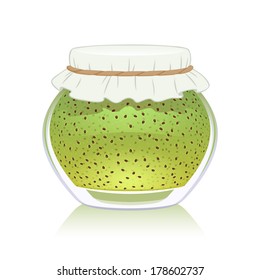 Green kiwi or gooseberry jam in glass jar isolated on white background.