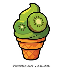 Green Kiwi Ice Cream Cone Illustration - Tropical Fruit Dessert Vector