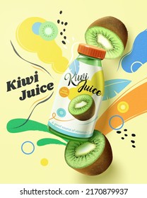 Cartel de jugo de kiwi verde. Ilustración de botellas de jugo realistas con salpicaduras multicolores y kiwifrutales cortados sobre fondo amarillo