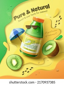 Green kiwi juice promo ad. 3D Illustration of realistic glass bottle of kiwifruit juice with cut kiwis in flat lay on beach background