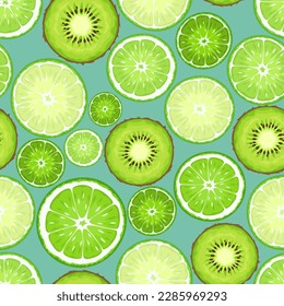 Green kiwi and lime slices on a blue background. Vector seamless pattern