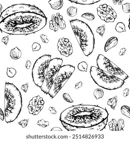 Green kiwi and nut mix, walnut almond diet and healthy lifestyle, vegan cooking. Hand drawn vector ink. Illustration seamless pattern isolated on white background. Design recipe book, website, menu