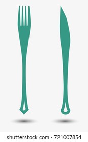 green knife fork icon with shadows against white background; abstract vector art illustration, image contains transparency