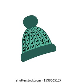 Green knit winter pom pom hat in hand drawn,doodle style for posters, patterns.