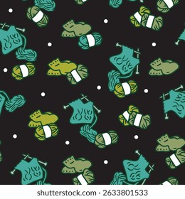 Green Knits Wool and Knitting Needles Pattern. Ideal for fabric prints, wrapping papers, or creative projects, this pattern captures the essence of cozy, handmade crafts.