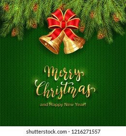 Green knitted background with golden bells and lettering Merry Christmas and Happy New Year, illustration.