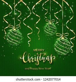 Green knitted background with streamers and shining Christmas balls. Golden lettering Merry Christmas and Happy New Year, illustration.